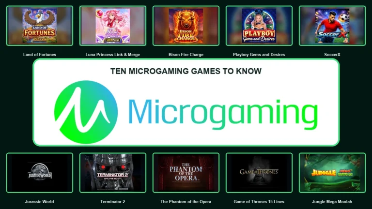 Ten Microgaming games arranged around the large official Microgaming logo