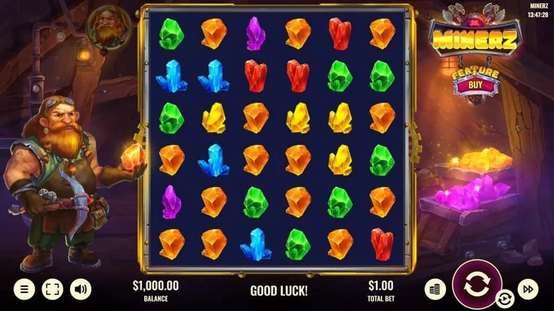 Minerz slot gameplay — gem mining cascade reels