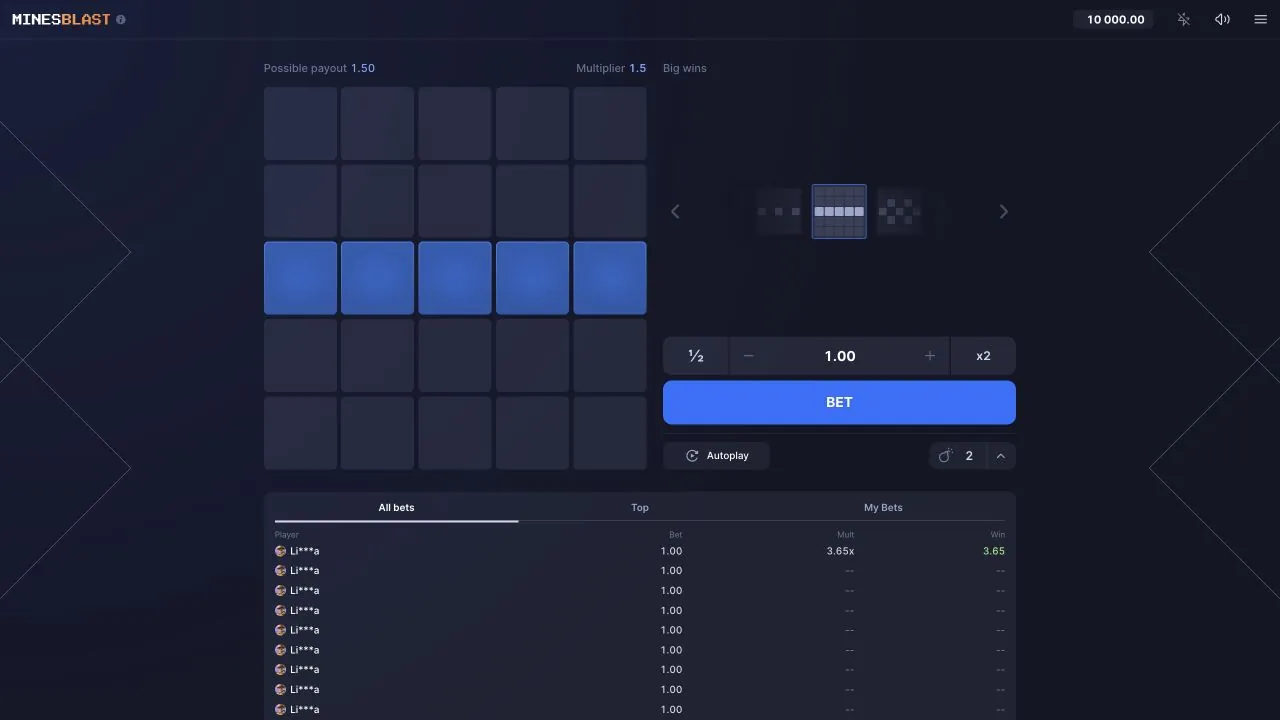 Mines Blast loaded gameplay interface with controls visible