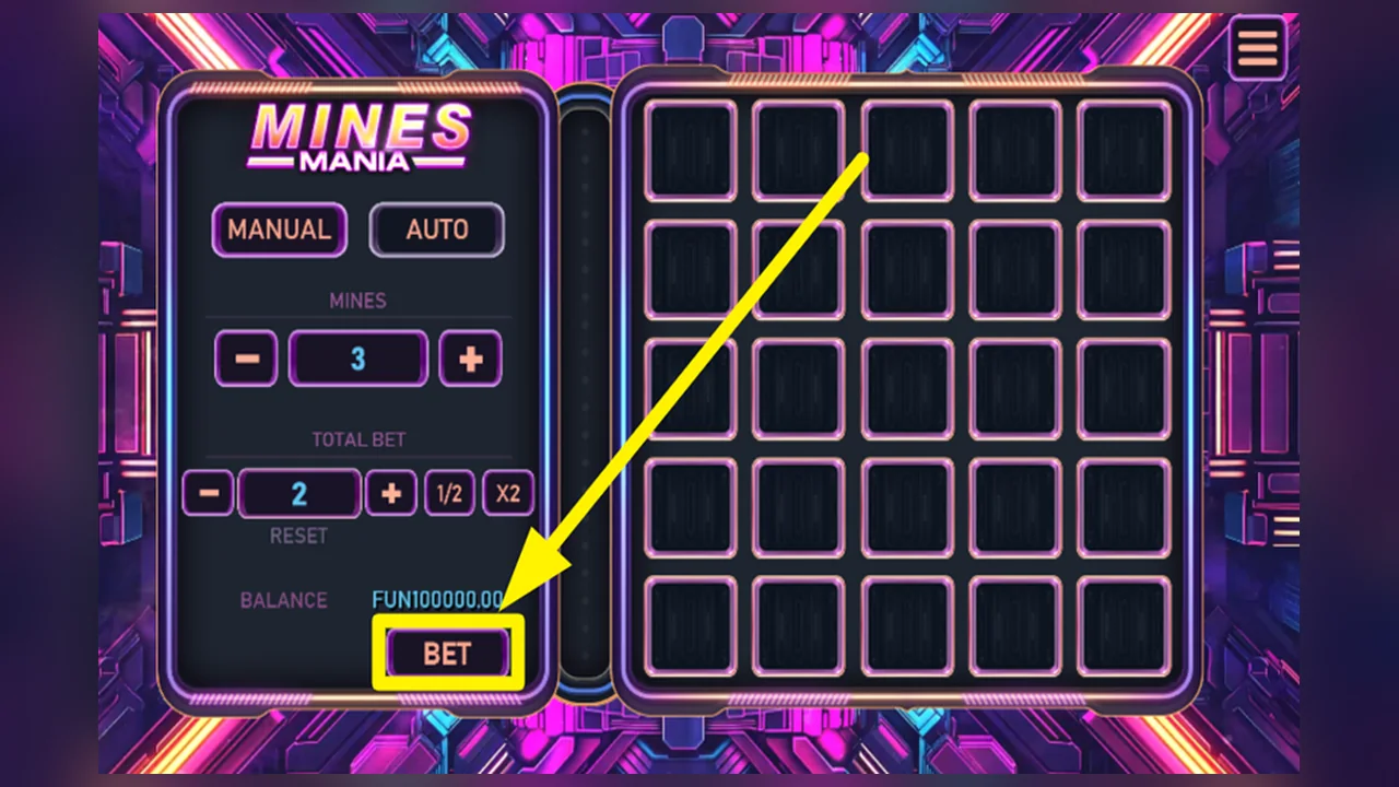 Mines Mania gameplay screen with the game interface and controls visible