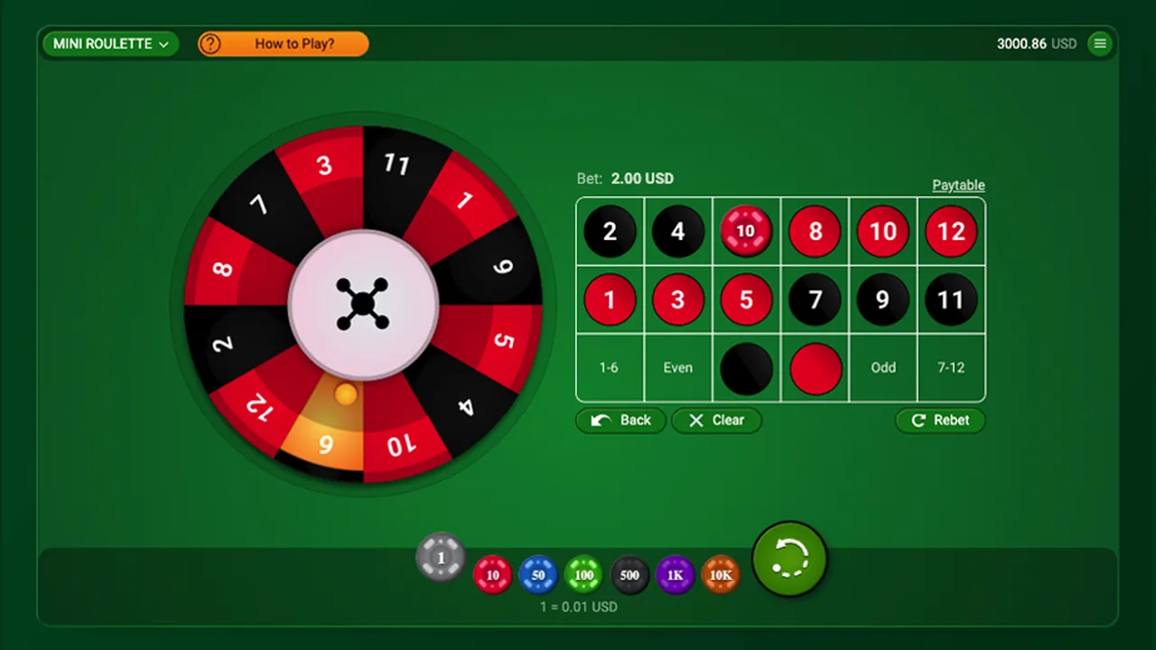 Mini Roulette gameplay showing the full interface