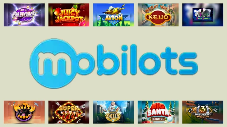 Mobilots logo centred between ten complete branded game thumbnails