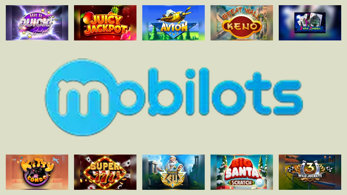 Mobilots logo centred between ten complete branded game thumbnails