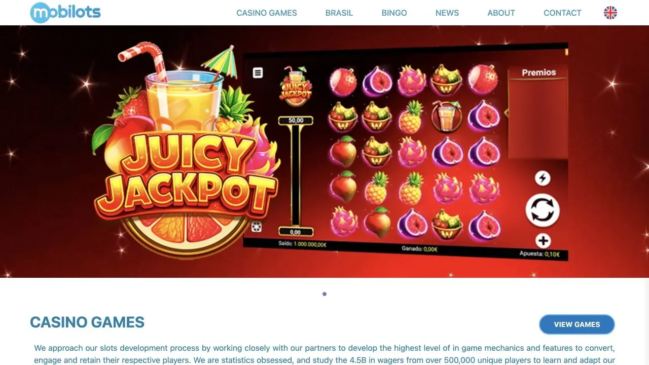 Mobilots website showing the company logo and casino games without pop-ups