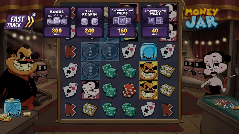 Money Jar slot gameplay — speakeasy themed grid with Fast Track panel