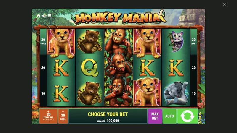 Monkey Mania gameplay screenshot showing the reels