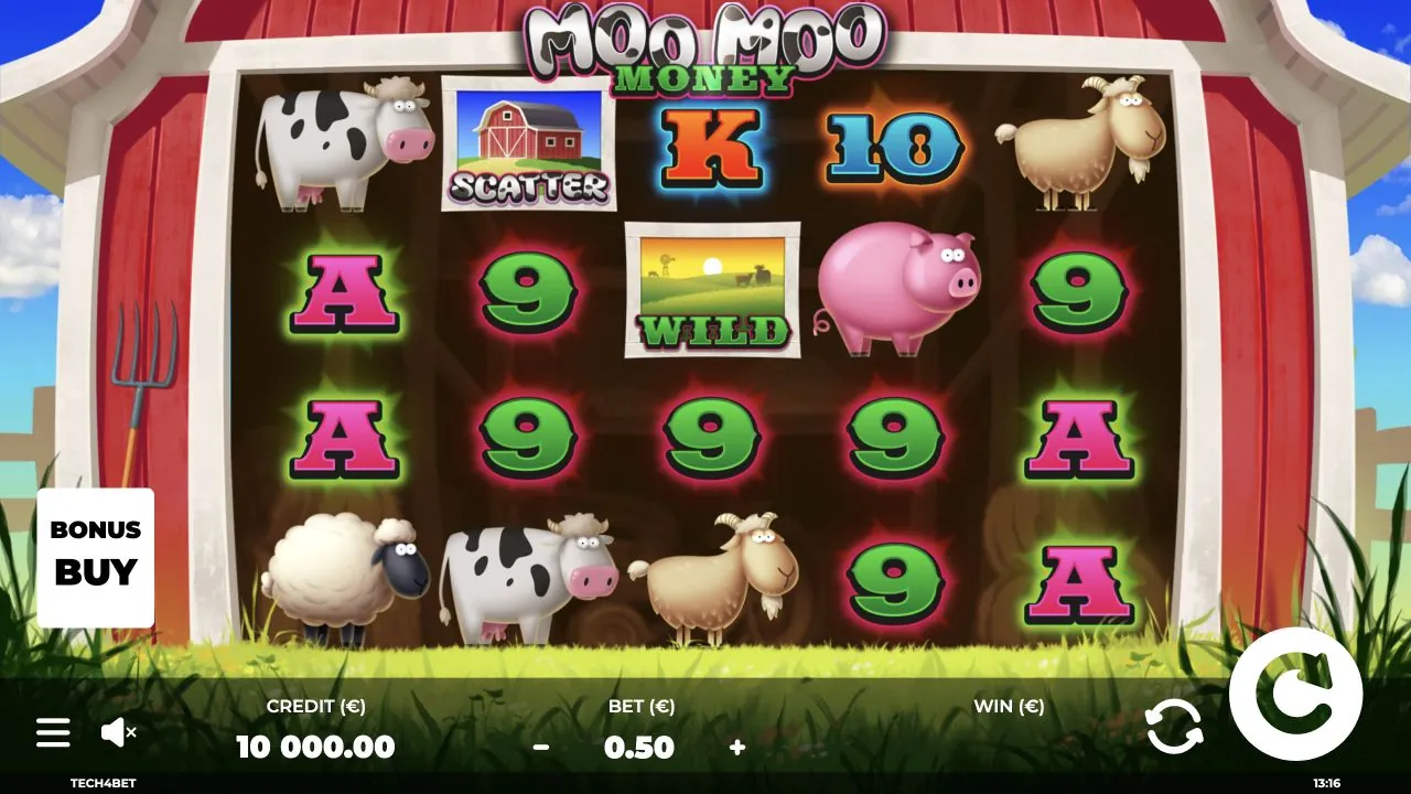 Moo Moo Money loaded gameplay screen with reels and controls visible