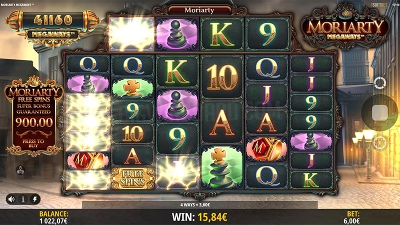 Moriarty Megaways slot gameplay — Victorian London reels