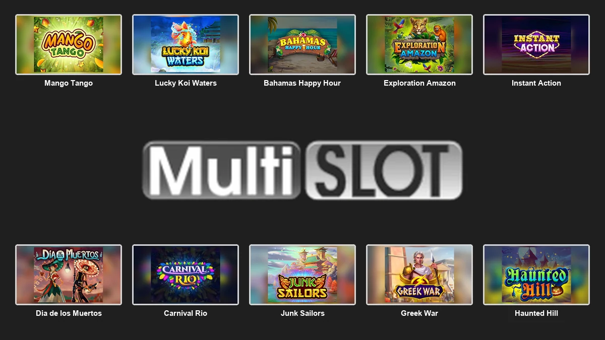 MultiSlot logo centred between ten complete branded game thumbnails