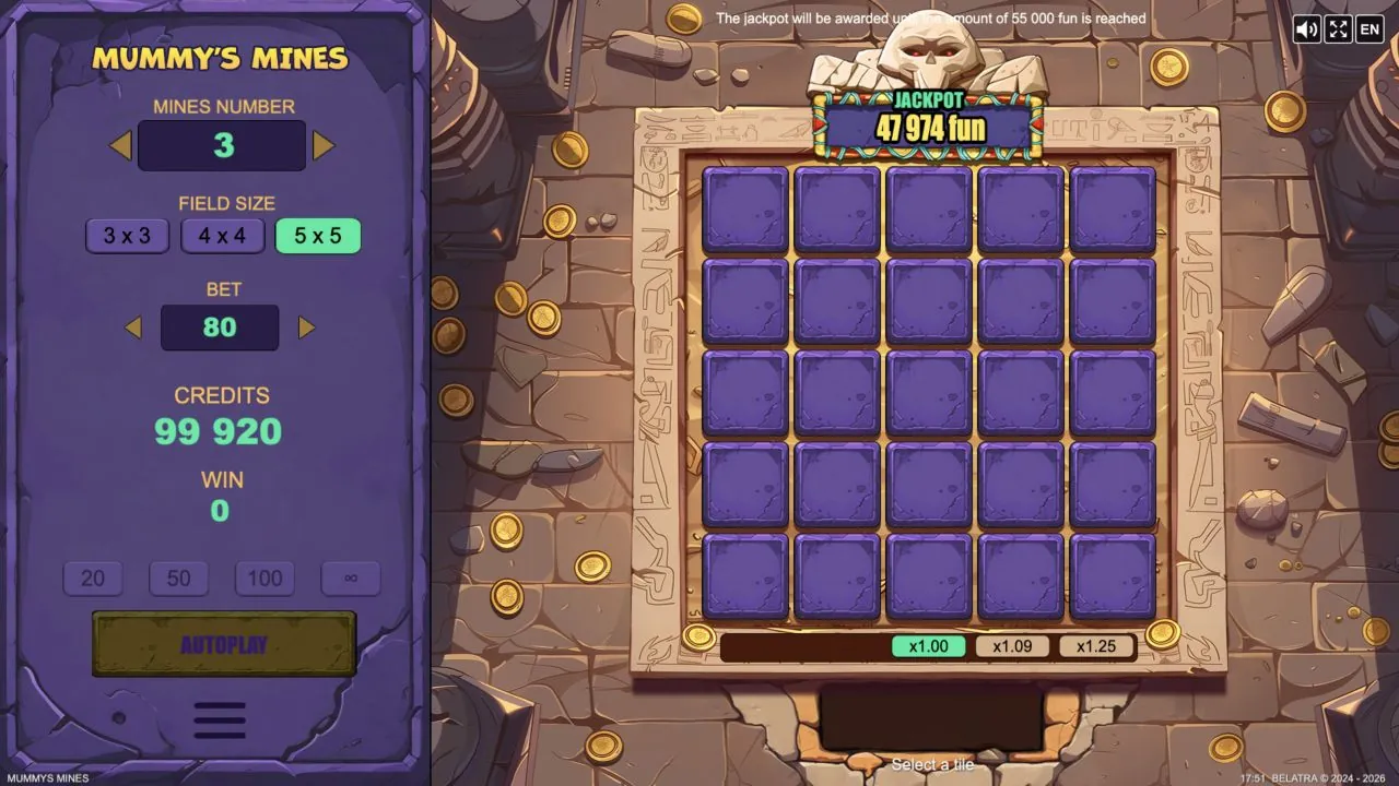 Mummy's Mines loaded gameplay interface with playing area and controls visible