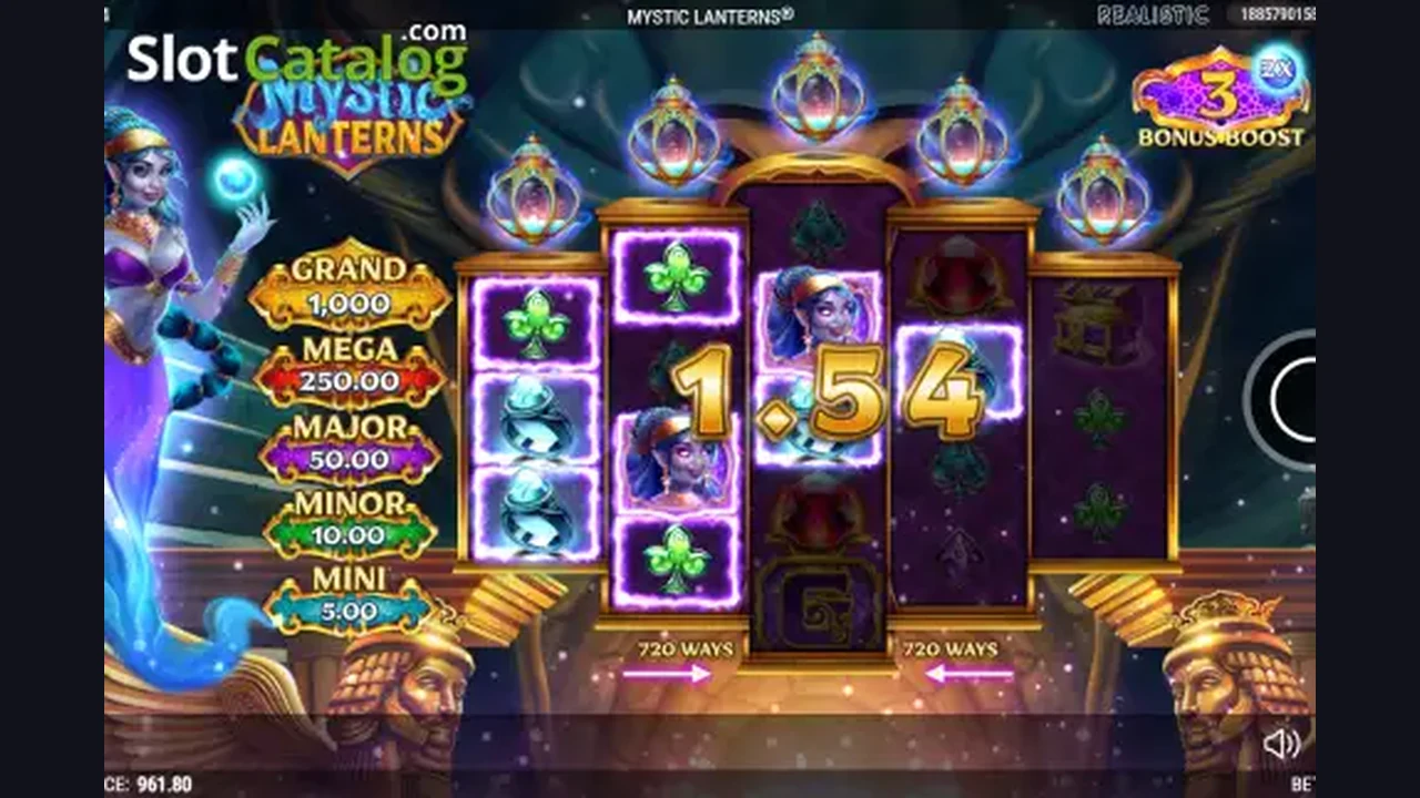 Mystic Lanterns gameplay screenshot showing the reels and interface