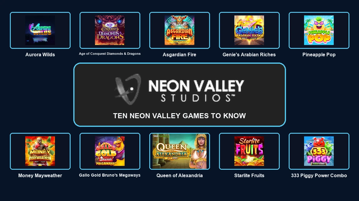 Neon Valley Studios logo surrounded by ten essential slot games