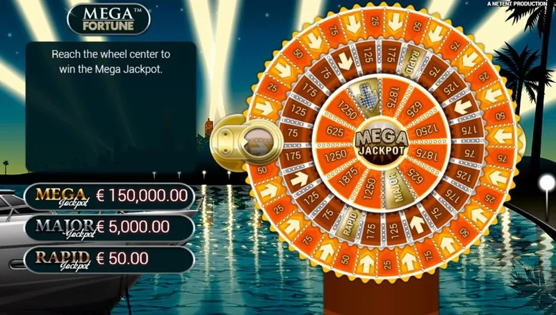 Mega Fortune jackpot wheel with the Mega prize