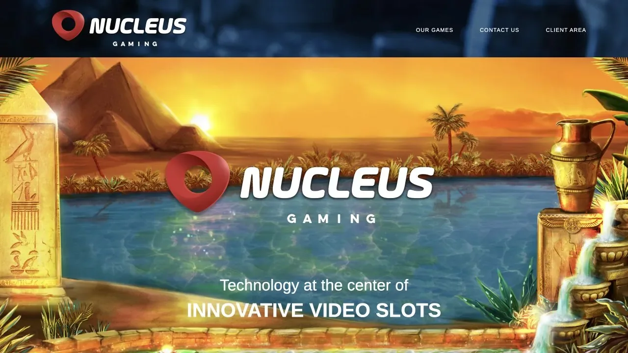 Official Nucleus Gaming website showing its logo, navigation and game artwork