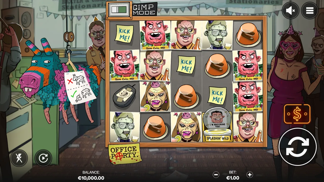 Office Party gameplay showing the reels and controls