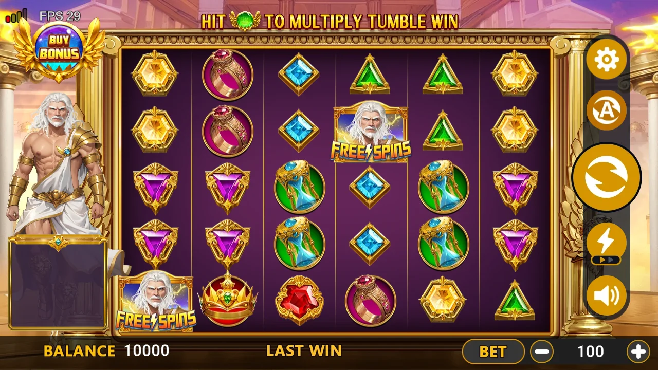 Olympus Zeus loaded gameplay interface with active controls visible