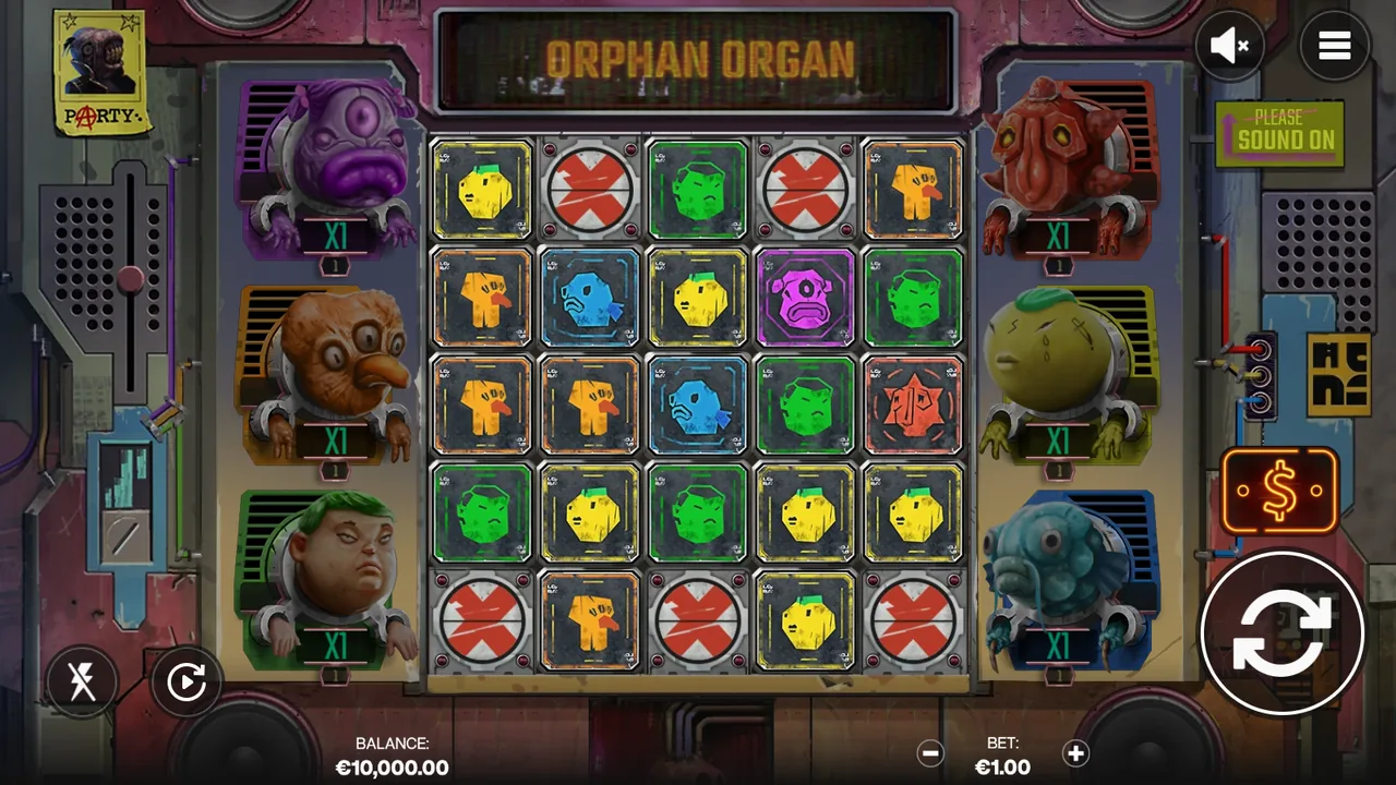 Orphan Organ gameplay showing the reels and controls