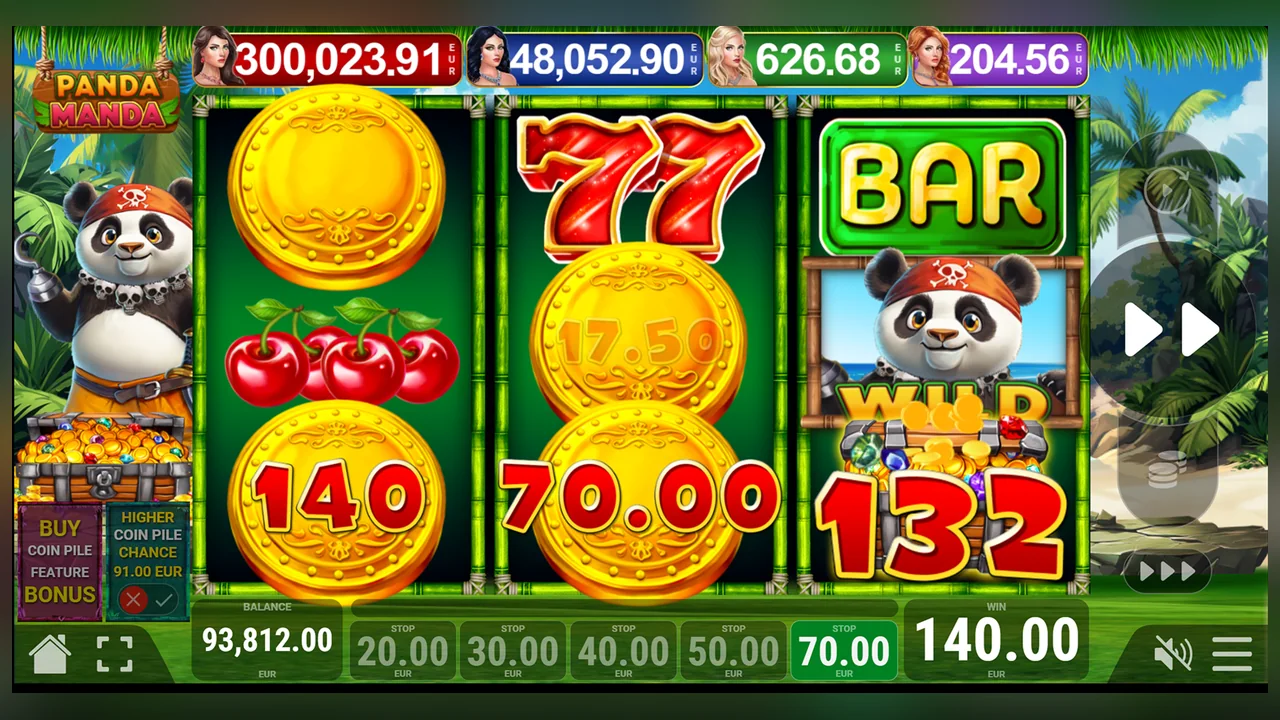 Panda Manda gameplay screen with reels, symbols and controls visible