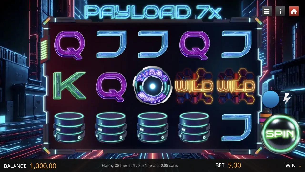 Payload 7x gameplay screenshot showing the reels and controls