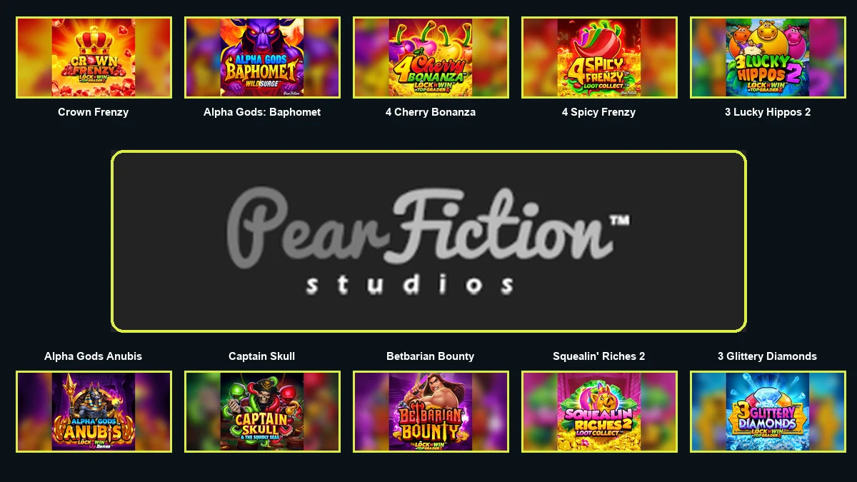PearFiction logo centred among ten essential game thumbnails