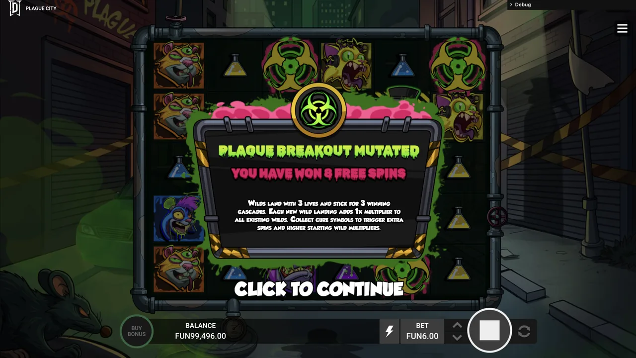 Plague City gameplay screenshot showing the reels and interface