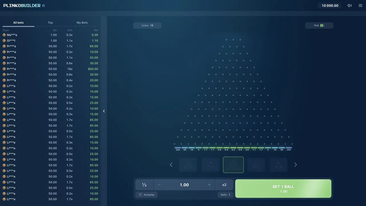 Plinko Builder loaded gameplay interface with controls visible