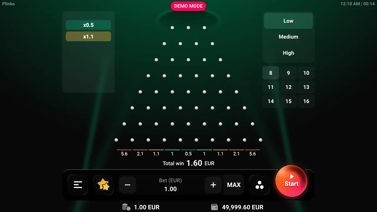Plinko official loaded gameplay interface with active controls visible