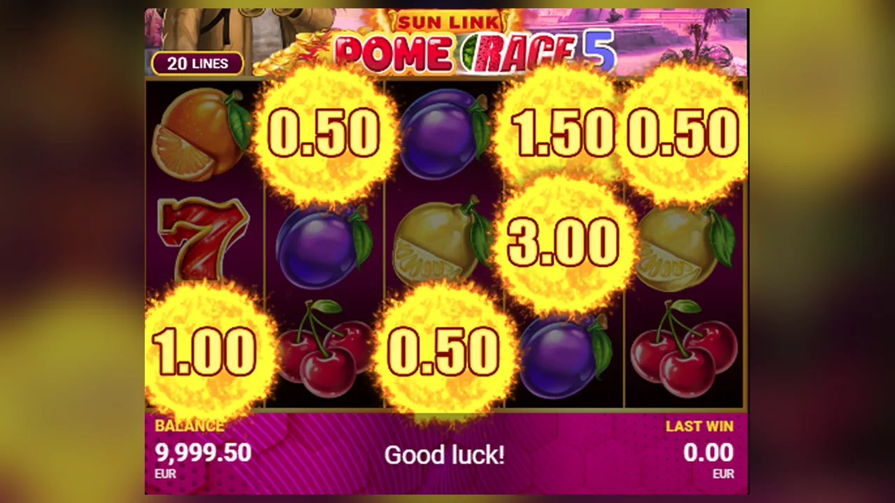 Pome Race 10 Sun Link gameplay screen with reels, symbols and controls visible