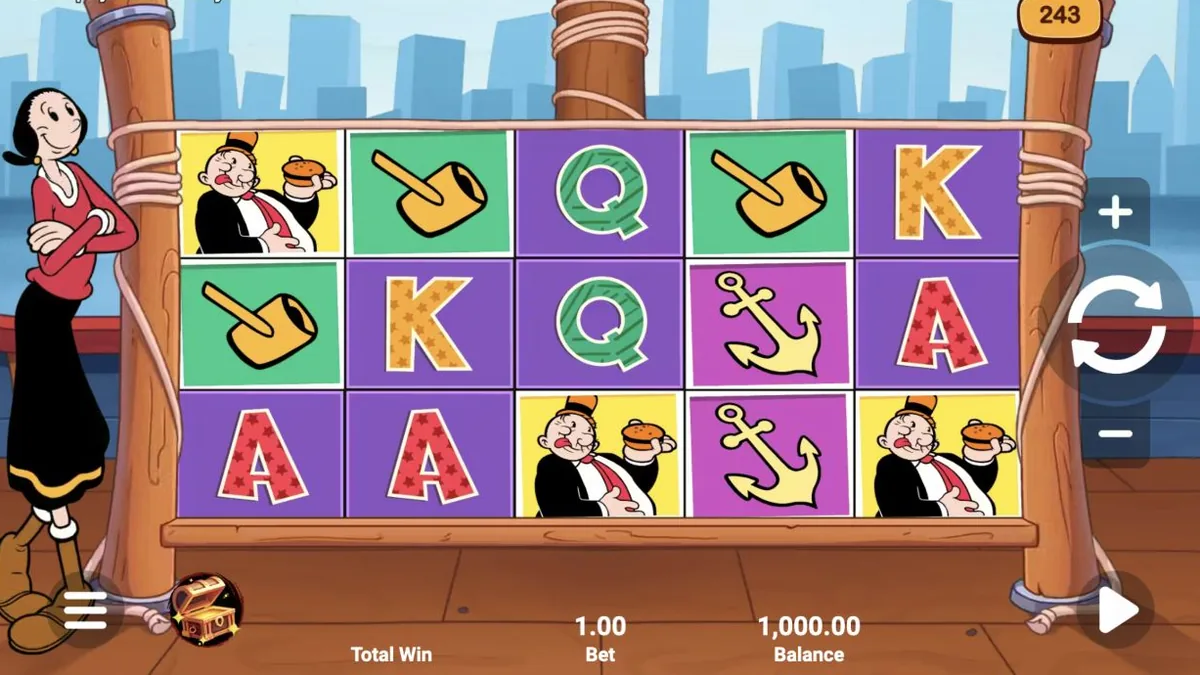 Popeye and Olive Oyl gameplay showing the reels and controls