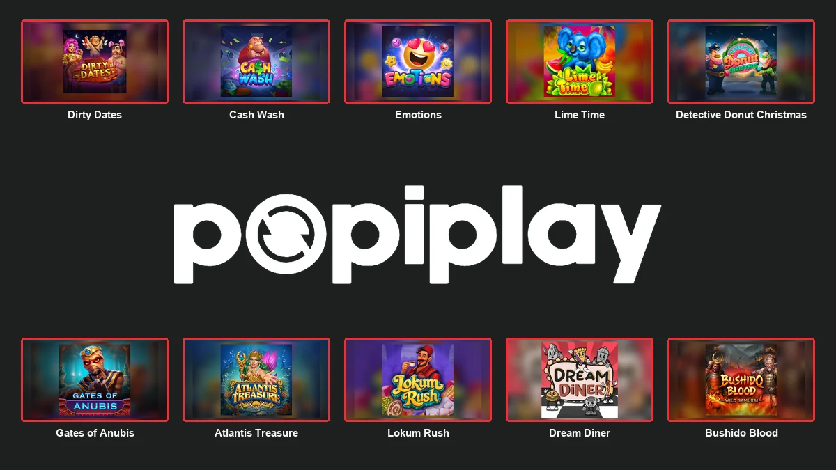 Popiplay logo centred between ten complete branded game thumbnails