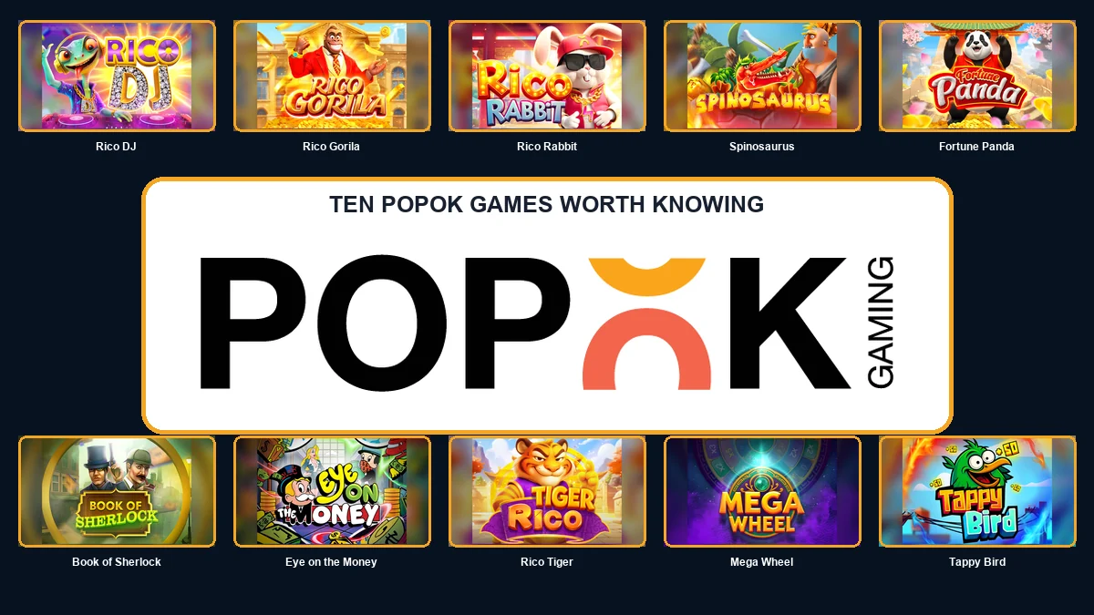 Ten PopOK Gaming thumbnails arranged around the large official PopOK logo