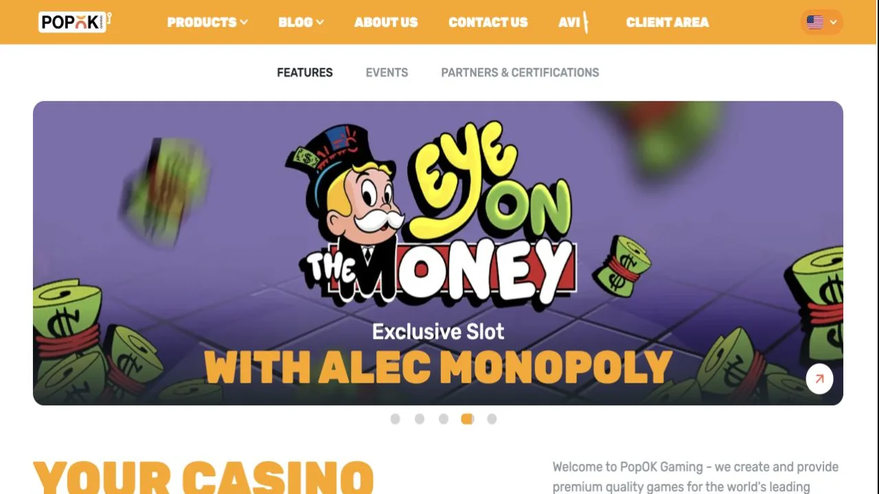 Official PopOK Gaming website showing the Eye on the Money game banner