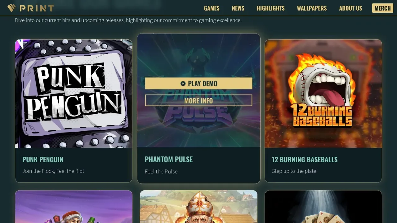 Print Studios official website and game portfolio