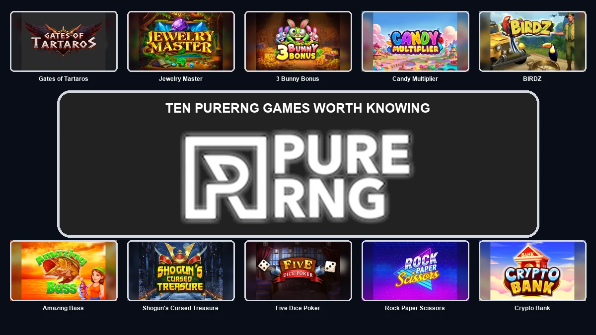 Ten PureRNG game thumbnails arranged around the large provider logo