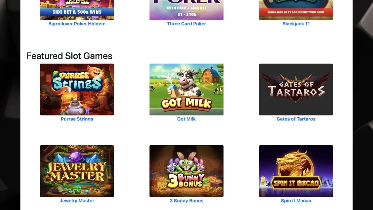 PureRNG game catalogue showing official thumbnails and launch links