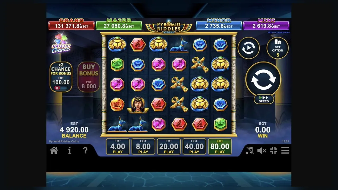 Pyramid Riddles Osiris loaded gameplay screen with the reels and controls visible
