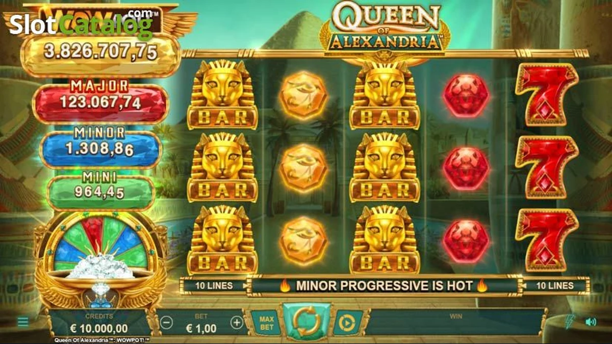 Queen of Alexandria WowPot gameplay screenshot showing the reels and game interface