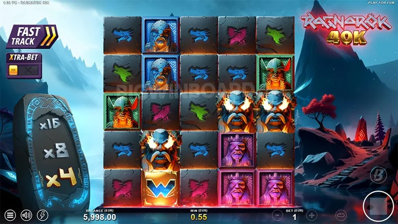 Ragnarok 40K slot gameplay — Norse cluster grid with multiplier runestones