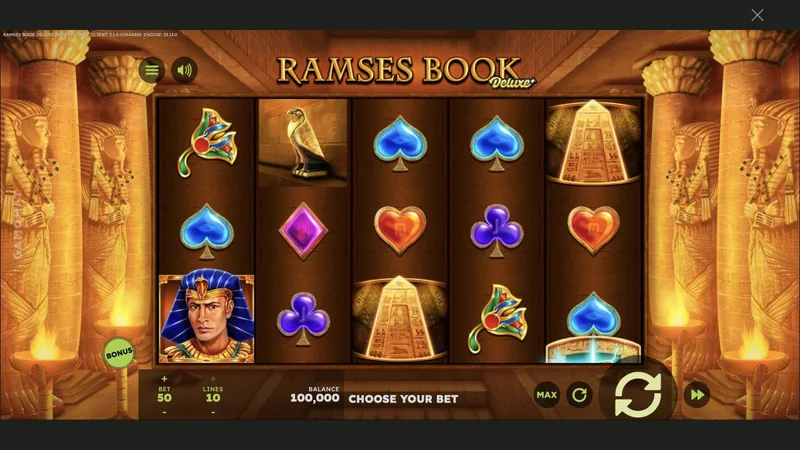 Ramses Book Deluxe gameplay screenshot showing the reels