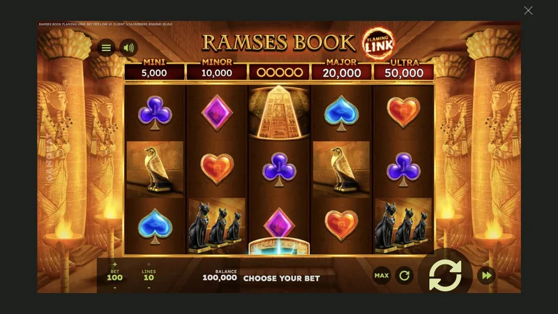 Ramses Book Flaming Link gameplay screenshot showing the reels