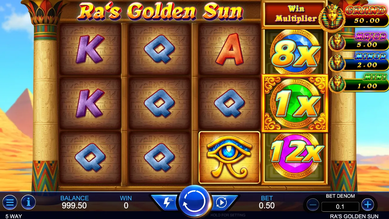 Ra's Golden Sun loaded gameplay interface with reels and controls visible