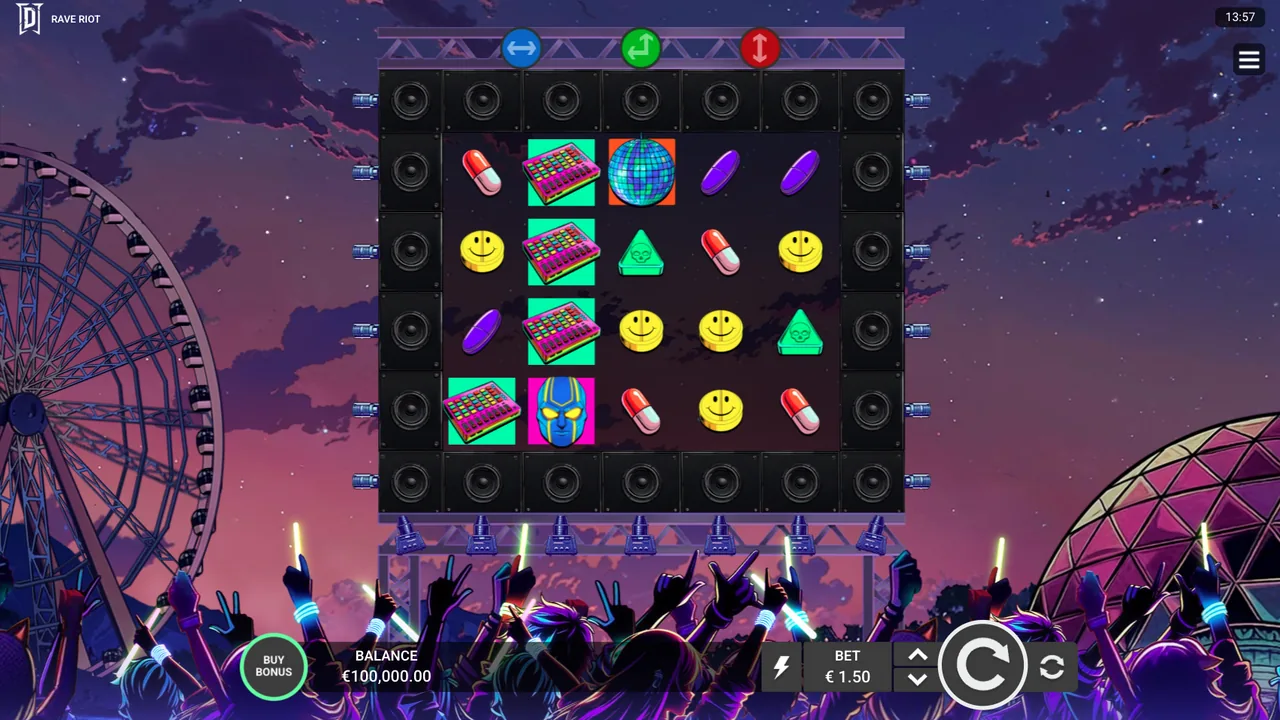 Rave Riot gameplay screenshot showing the reels and interface