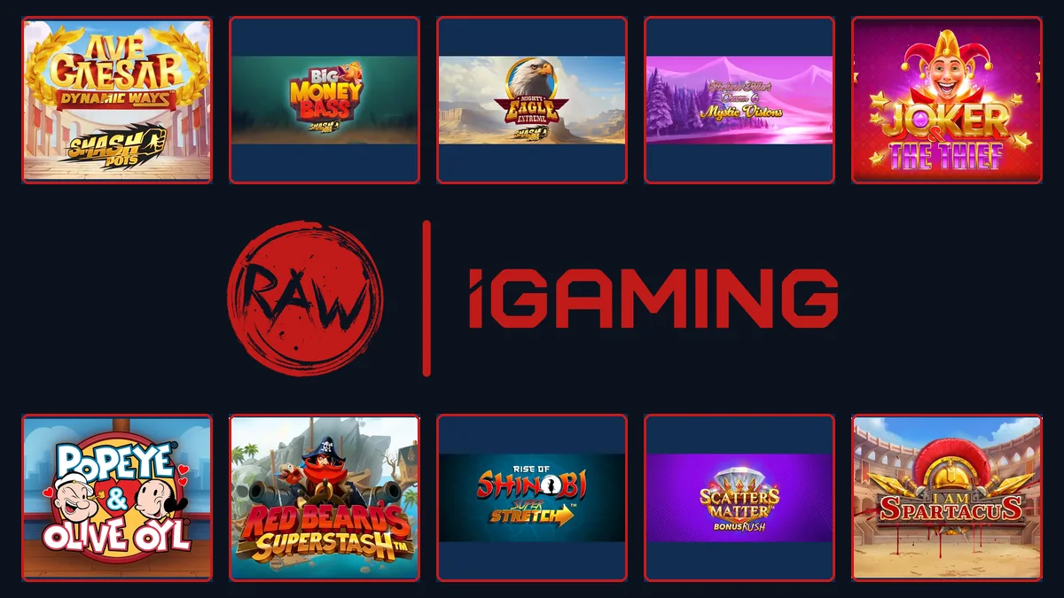 RAW iGaming logo centred between ten official game thumbnails