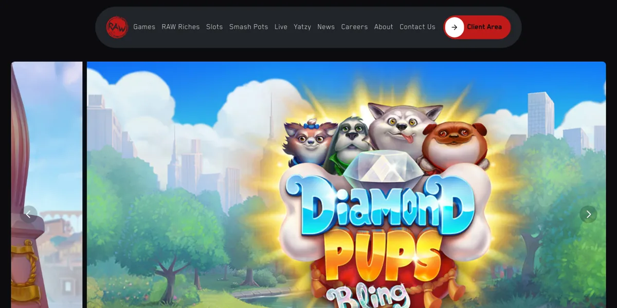 RAW iGaming's official website, rawgroup.com, showing the current Leander catalogue including Diamond Pups: Bling Bling