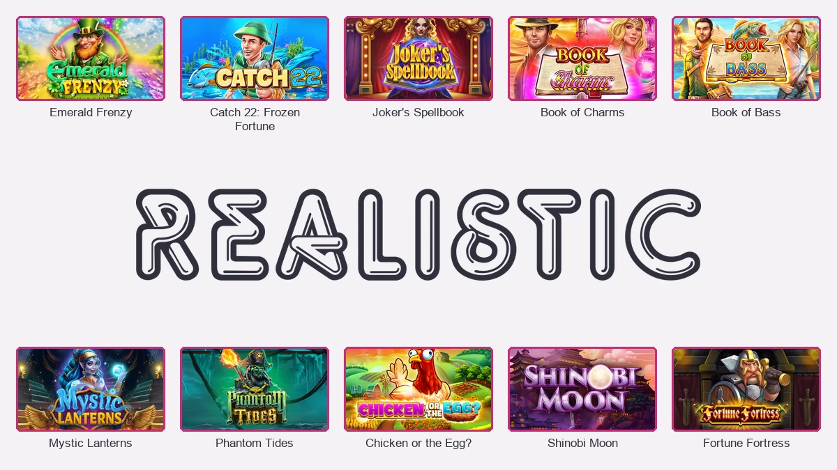 Realistic Games logo centred between ten essential slot games