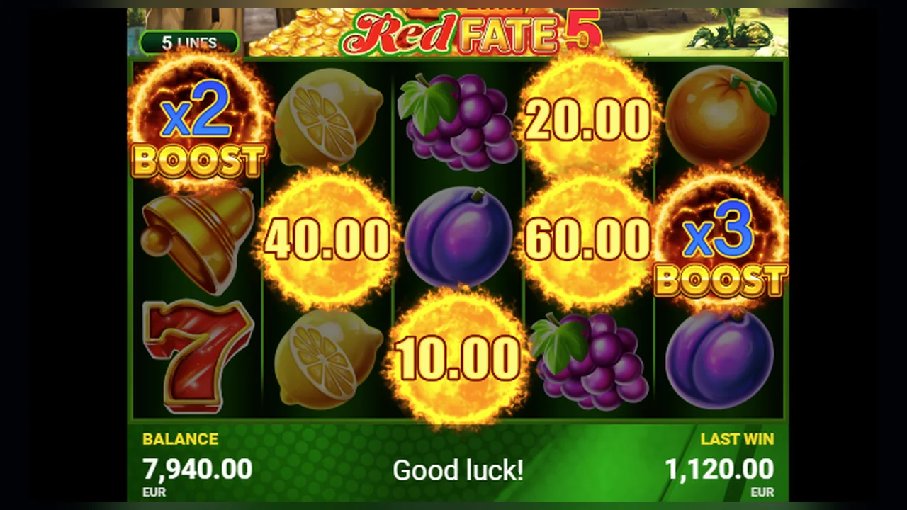 Red Fate 5 Sun Link gameplay screen with reels, symbols and controls visible