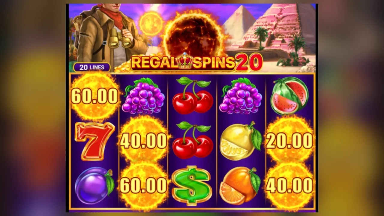 Regal Spins 20 Sun Link gameplay screen with reels, symbols and controls visible