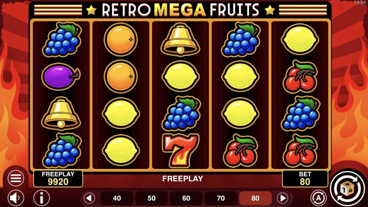 Retro Mega Fruits gameplay showing reels and controls