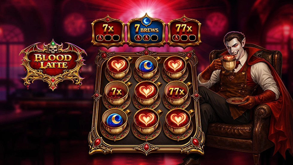 Draculatte 7s gameplay showing the Blood Latte bonus grid