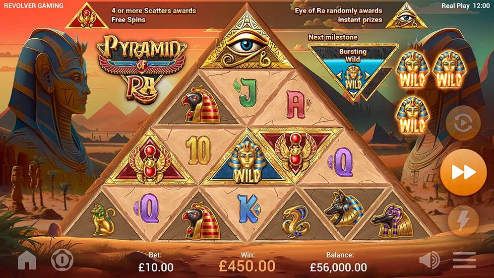 Pyramid of Ra gameplay showing the triangular reel grid